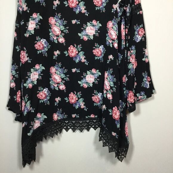Bell sleeve roses pattern embroidery black cover up duster boho hippie floaty 2X - Picture 8 of 9
